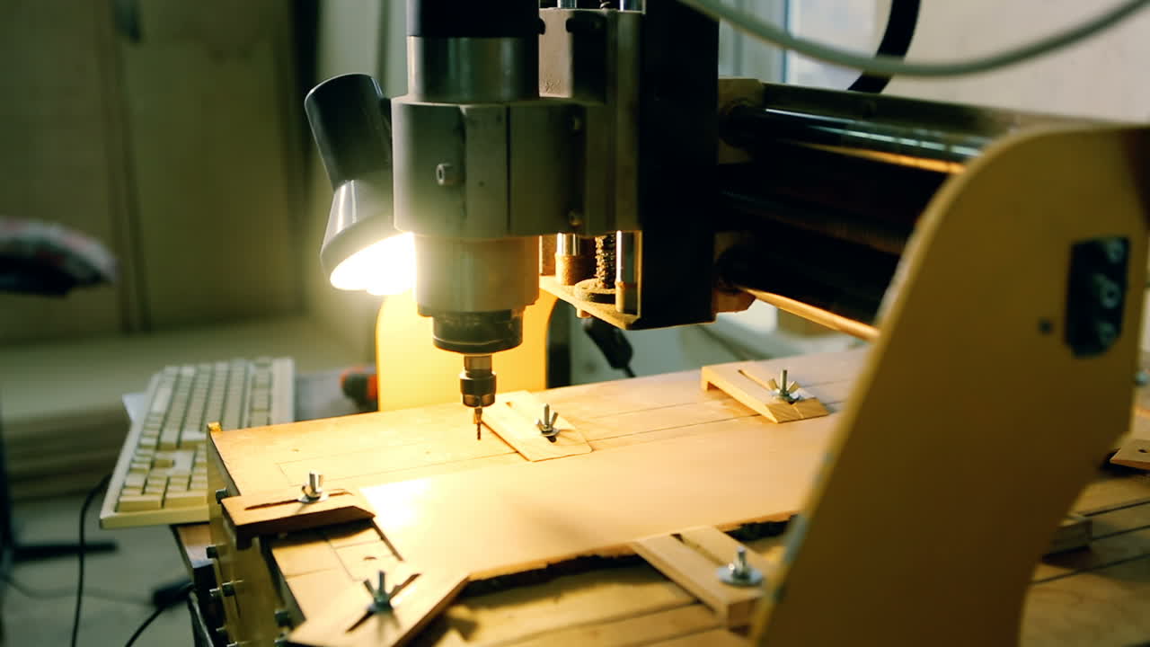 Wood Cut Machine Moves Above Working Table. Industrial wood cut machine moves above working table and drills