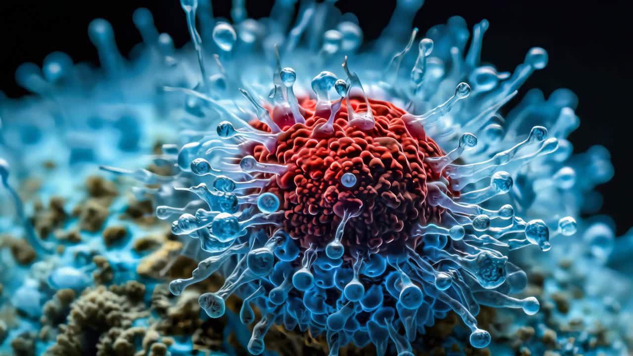 Macro view of abstract virus particle with blue fluid spikes
