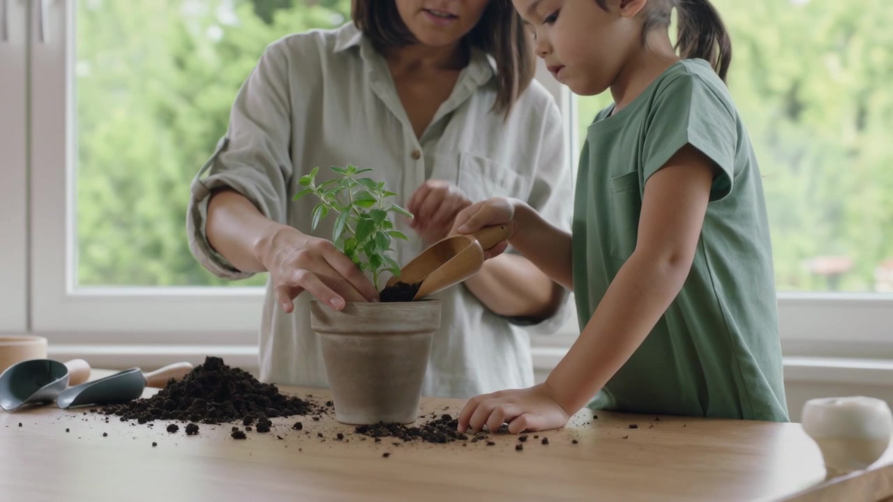 Planting seedling, woman in button-up, child in green shirt scooping soil into pot at kitchen table
