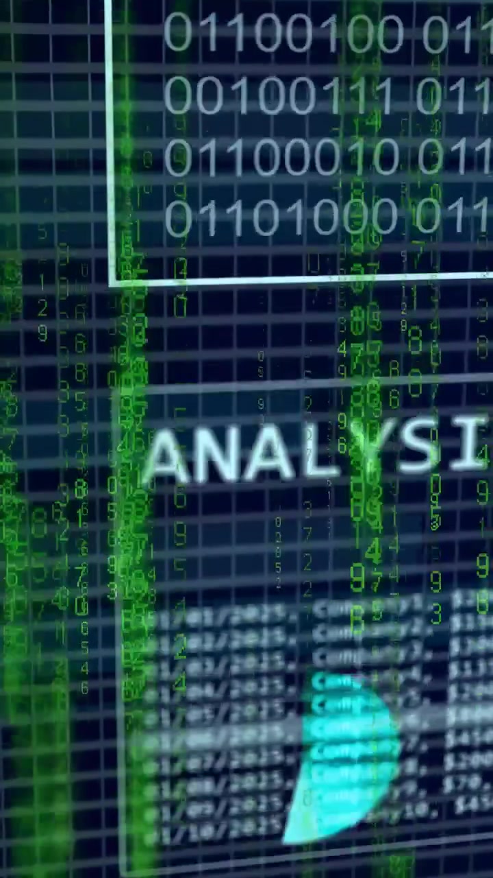 Vertical video: Green rain rising, causing cyan percents sliding, framing binary, forming analysis