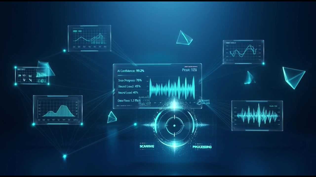 Futuristic Digital Interface with Data Analytics and Floating Holographic Charts