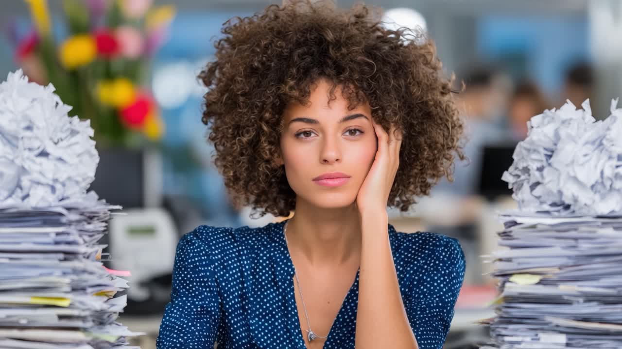 A Young Woman Seated Amidst a Messy Office Environment, Surrounded by Tall Piles of Paperwork, Exhibiting Signs of Stress and Contemplation While Trying to Focus on Tasks