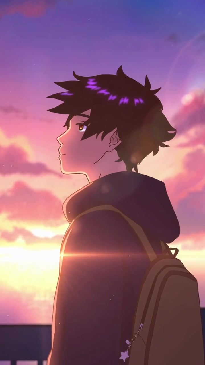 Ragazzo anime che guarda un tramonto vibrante con effetto lens flare