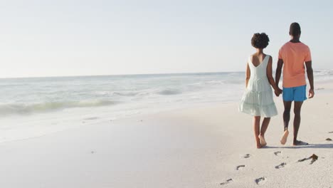 african american couple holding hands and walking on sunny beach