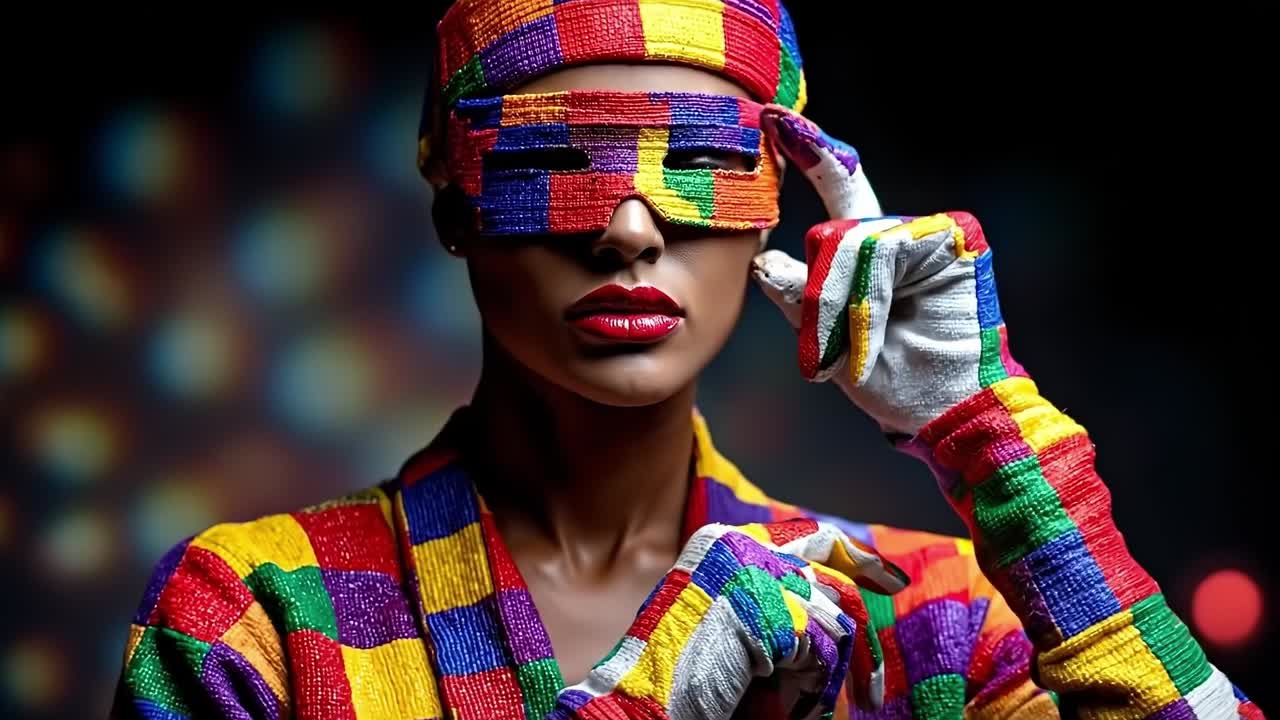 A woman in a colorful outfit with a mask covering her face
