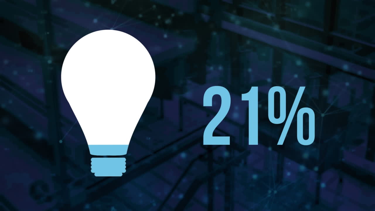 Animation of light bulb filling up with blue and percent growing over warehouse background