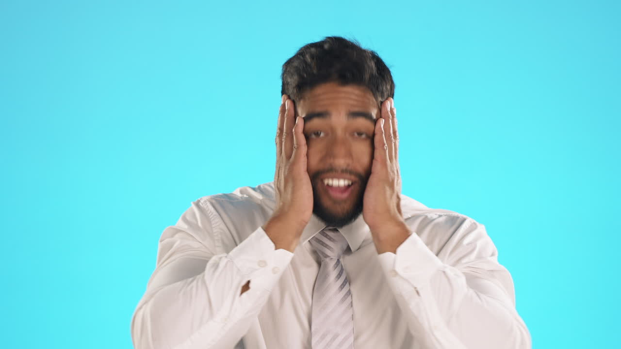 Face, surprise and embarrassed business man