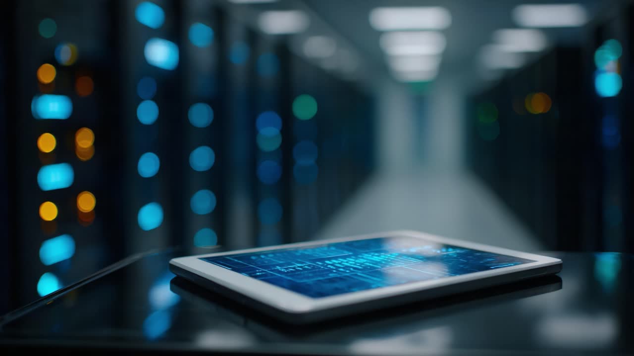 A Modern Digital Interface Displaying Data Insights Within a High-Tech Server Room, Highlighting the Fusion of Technology and Information Management