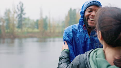 hiking, love and an interracial couple hugging