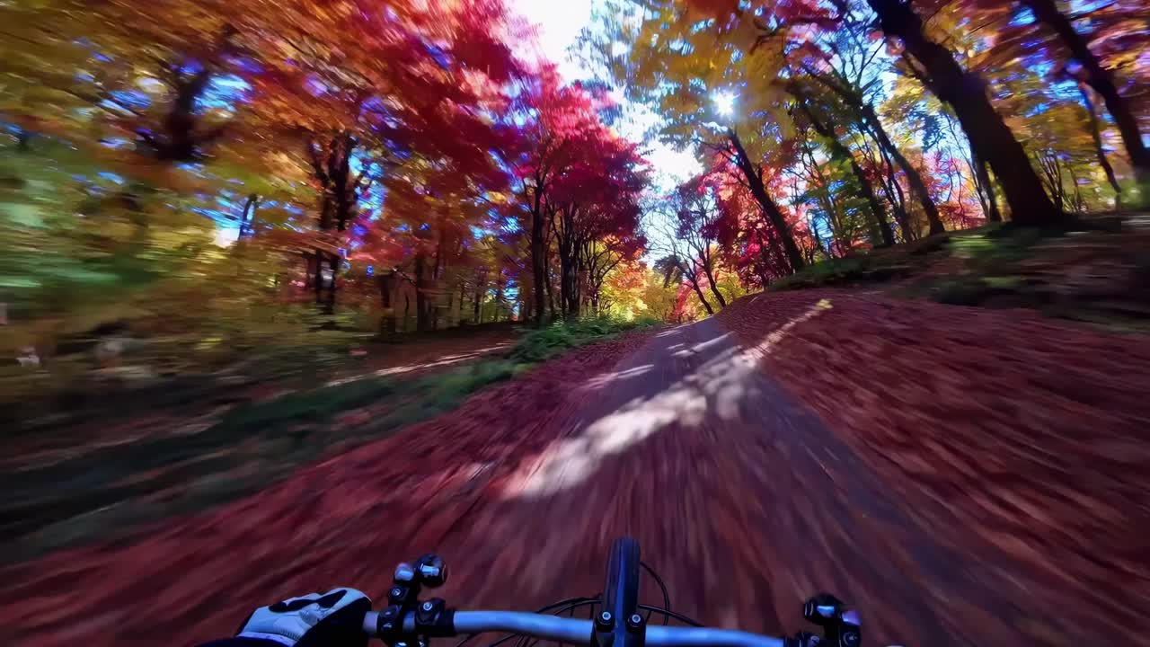 Dynamic POV video shot of a bike racing through a vibrant autumn forest, capturing motion blur
