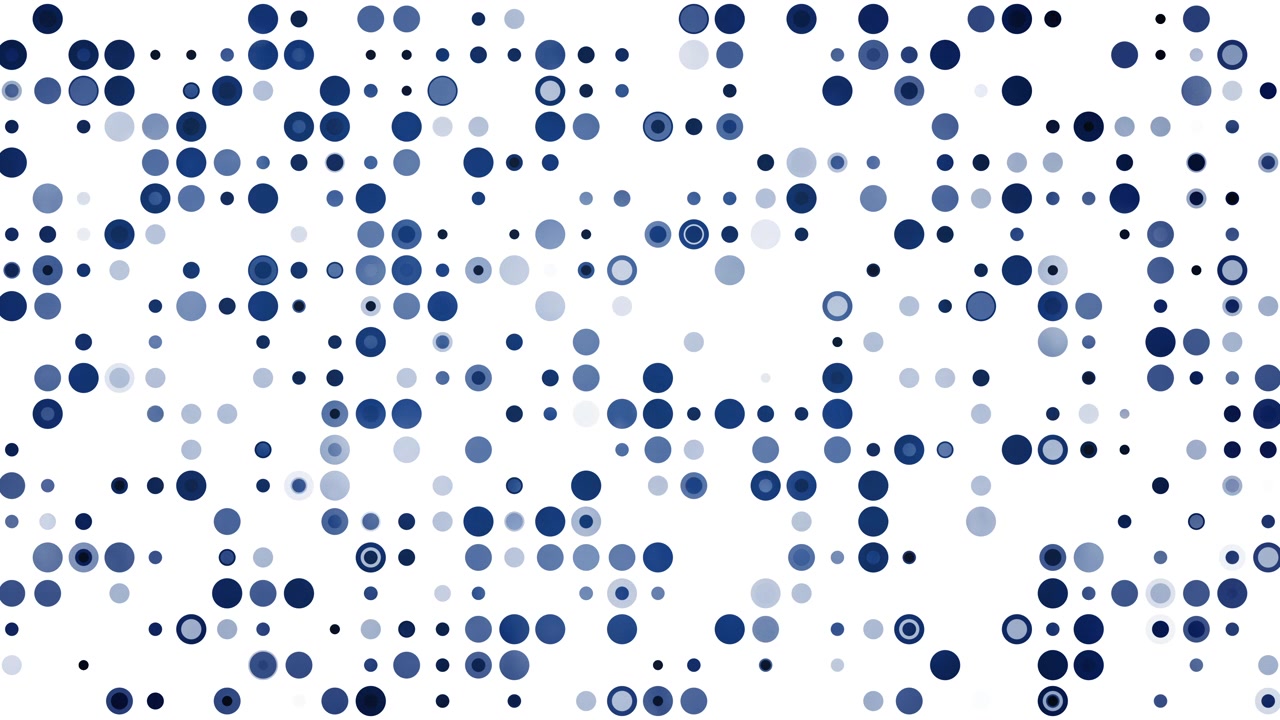 Graphic design consisting of irregularly scattered blue and grey circular rings and dots forming a modern geometric grid matrix pattern on white backdrop. Loop animation.