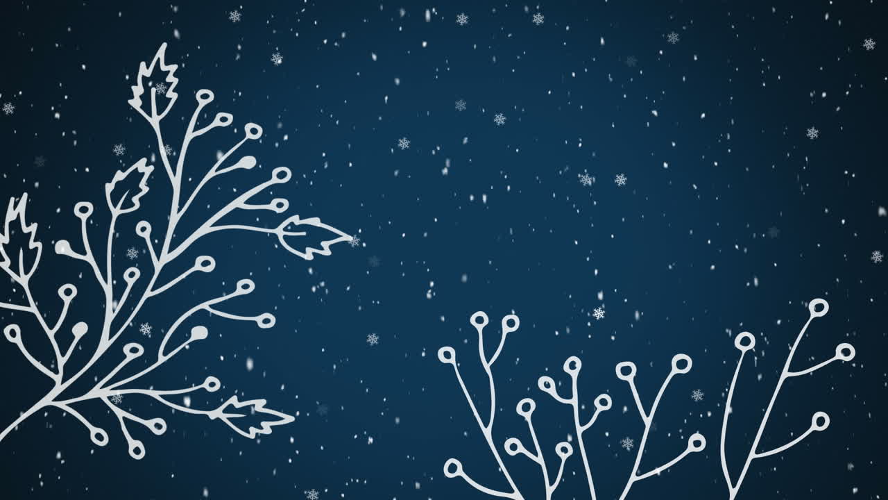 animação de contornos de plantas brancas com estrelas de natal e neve caindo em fundo azul escuro.