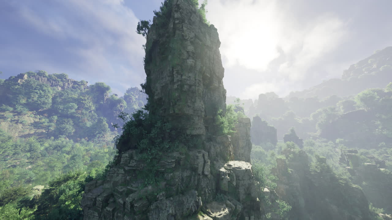 Stunning rocky formation rises amid lush greenery in bright daylight