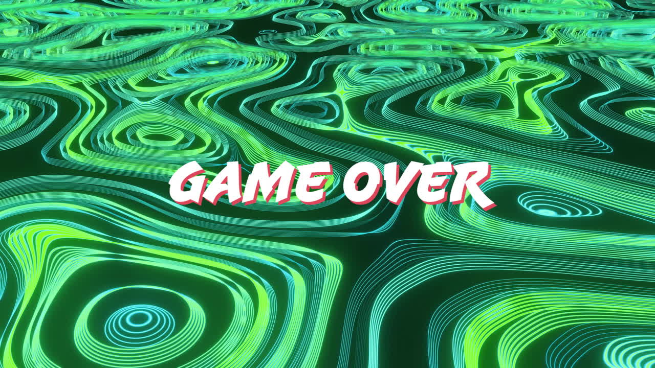 Animation of game over text over light trails pattern background