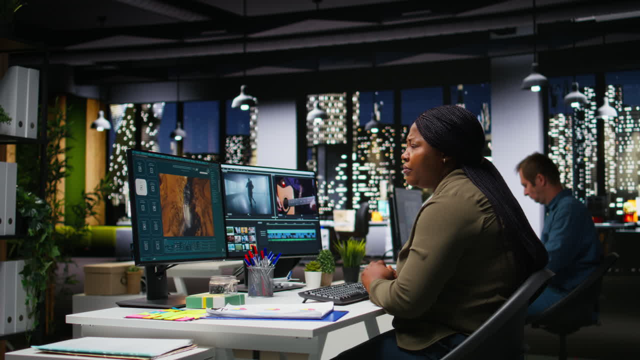 Video editor deals with a painful migraine due to hard work at night