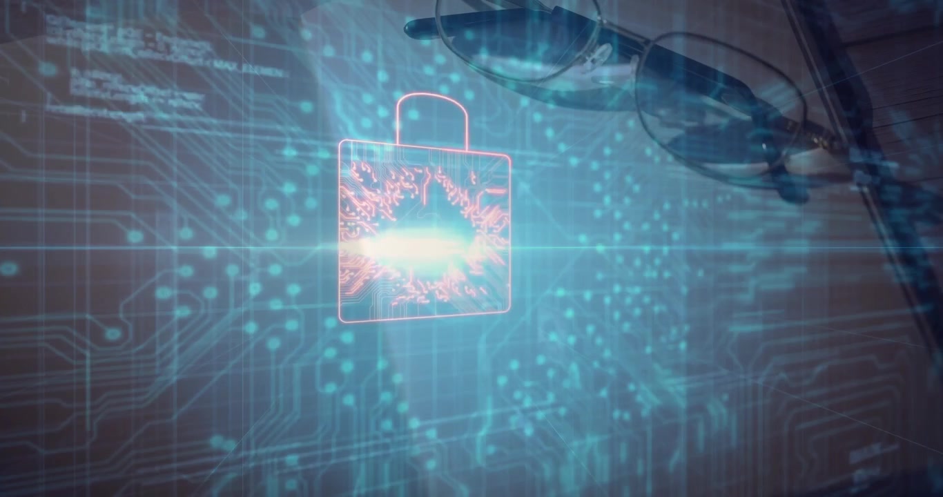 Bursting blue light initiating briefcase rotating into neon lock securing data over glowing circuit