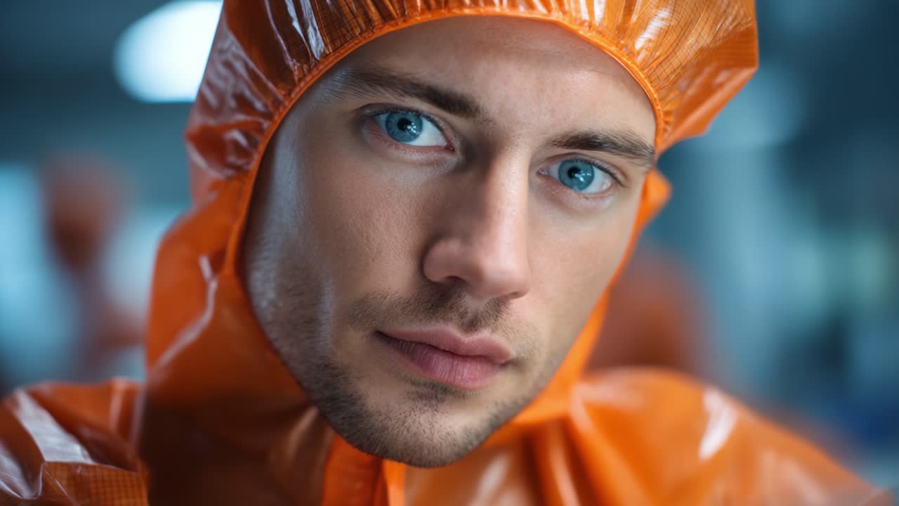 En fokusert person i en oransje beskyttelsesdrakt, som viser intense blå øyne og et målrettet blikk, og understreker en sterk forbindelse med omgivelsene sine