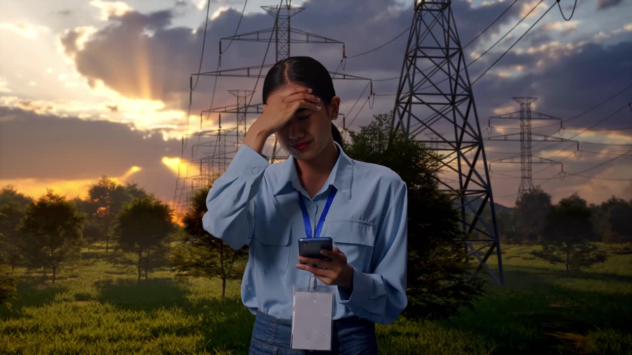 Bekymret kvinde bruger smartphone nær elledninger ved solnedgang