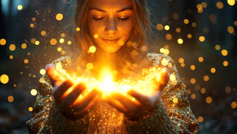 woman holding glowing light in forest during evening