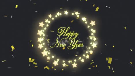 animation of happy new year text in circle of glowing star christmas lights with gold confetti