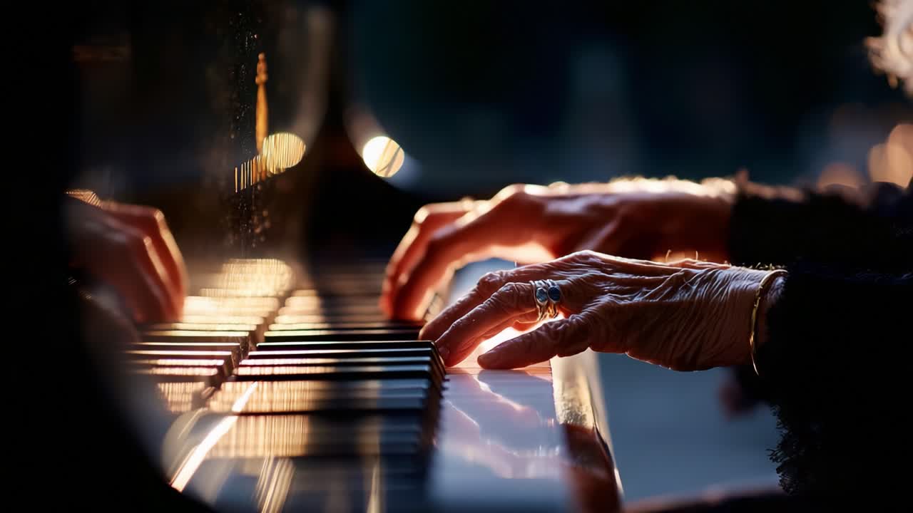 Captivating Piano Performance: A Close-Up of Graceful Hands Dancing on the Keys, Evoking Emotion and Melodies in a Softly Lit Atmosphere, Showcasing Musical Passion and Skill