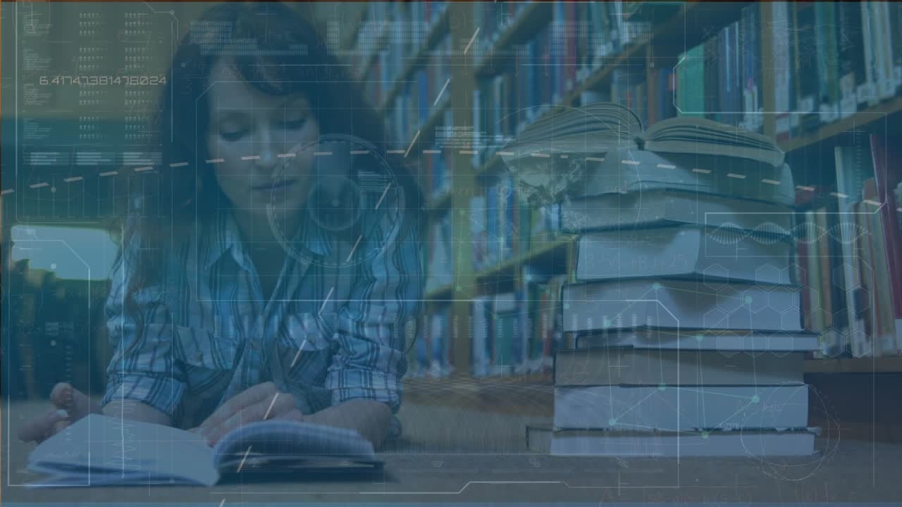 Animation of data processing over caucasian female student in library
