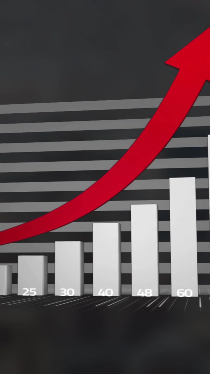 Animation of data processing and red arrow over cityscape background