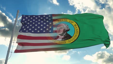 flag of usa and washington state. usa and washington mixed flag waving in wind