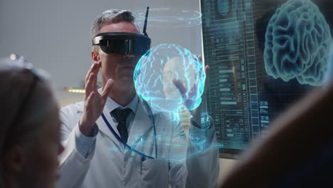 medical professionals discussing brain anatomy with vr technology