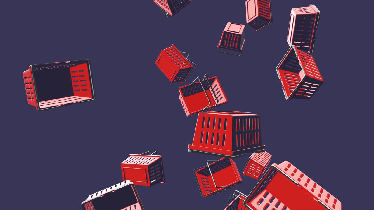 진한 파란색 배경에 빨간색 플라스틱 쇼핑 바구니.