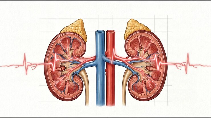 Cross section of paired kidneys with renal arteries veins and internal structures