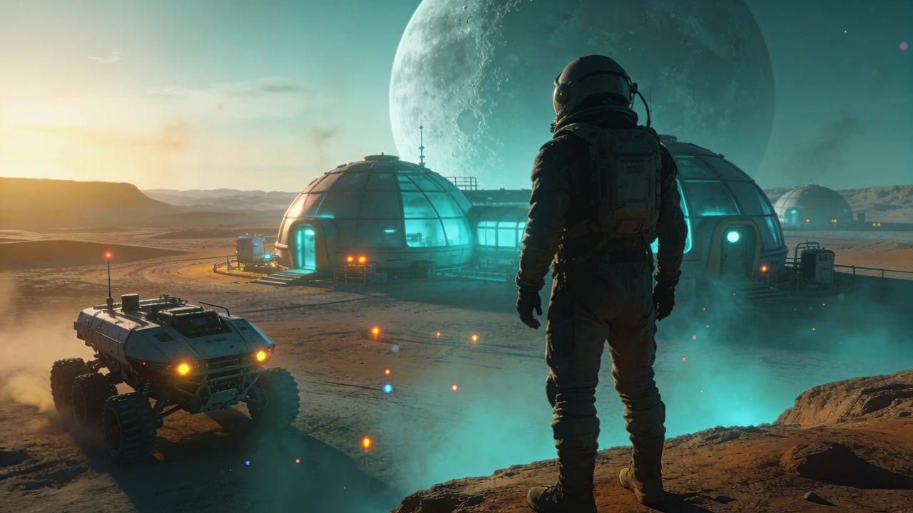 Osservando un astronauta in tuta appoggiato su una sporgenza rocciosa mentre le luci del rover si attivano vicino a delle cupole, con spazio per il testo.