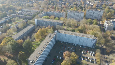 high aerial of social housing flats and apartment buildings in small rural town in autumn