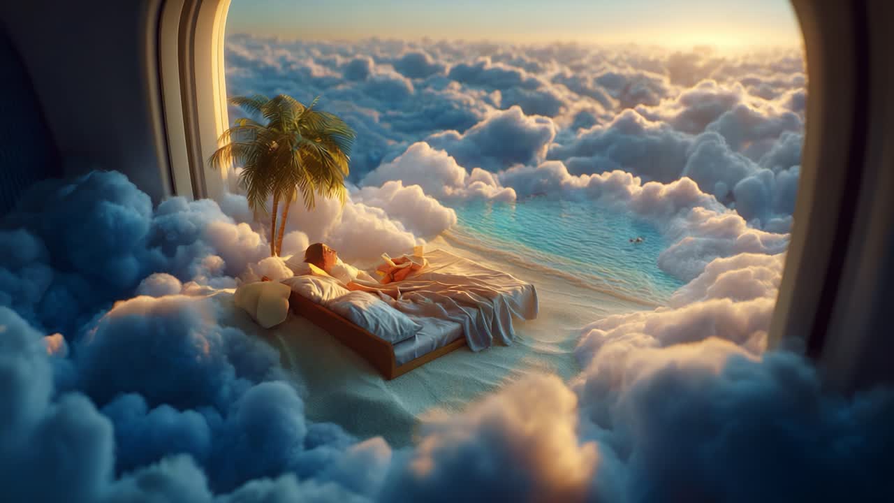 A Dreamy Escape: Serene Person Relaxing in a Bed Surrounded by Soft Clouds, Bathed in Warm Light from an Open Window Revealing a Tranquil Ocean and Lush Palm Tree