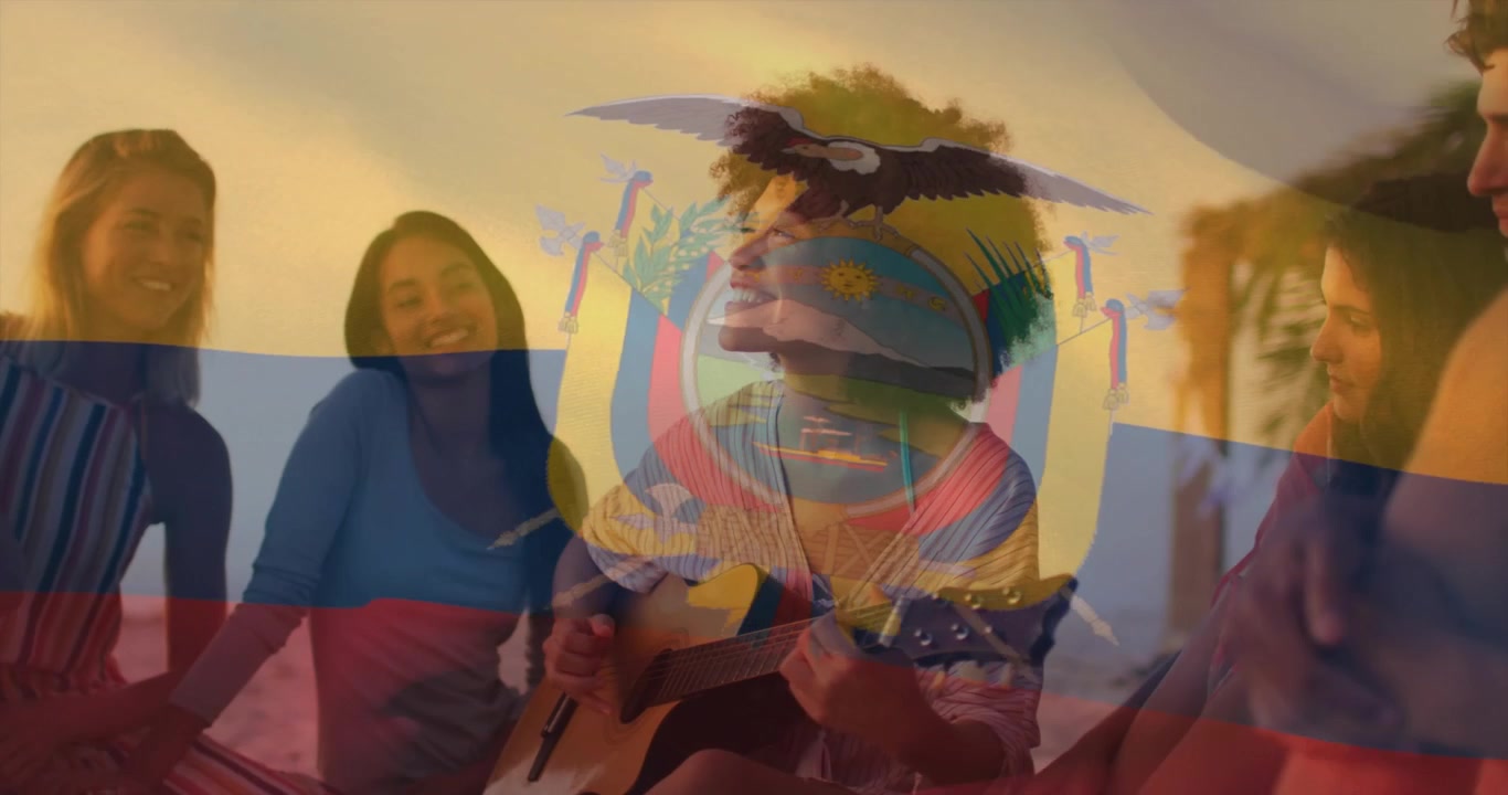 Mulher levantando o violão, tocando música para amigos em uma manta de praia, exibindo sobreposições de emblemas, ícones e bandeiras.