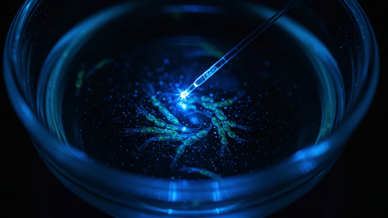 Illuminated Microorganisms Under Blue Light: A Close-Up View of Scientific Observation with a Pipette in Fluorescent Liquid