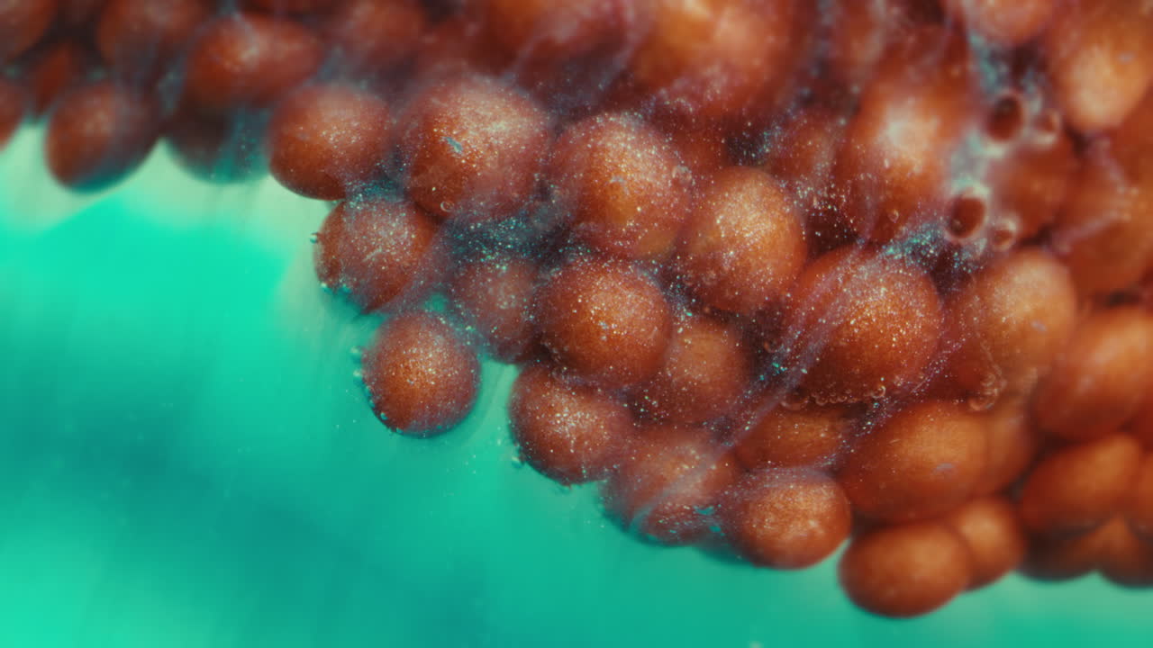Close-up of Orange Spheres in Turquoise Liquid