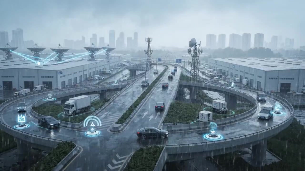 Gestione del traffico urbano: un paesaggio cittadino piovoso che evidenzia la tecnologia avanzata nei trasporti con connettività 5G e sistemi logici per incroci autonomi.
