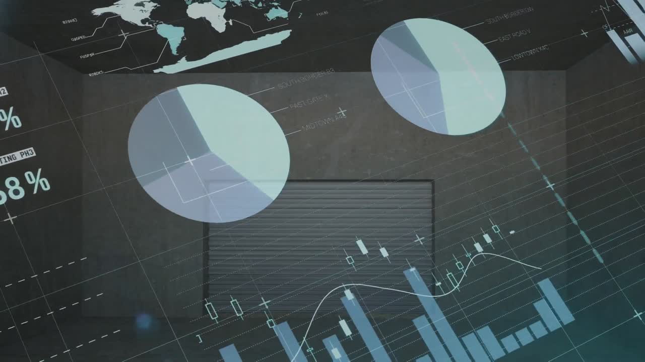 Animation of financial data processing over empty office