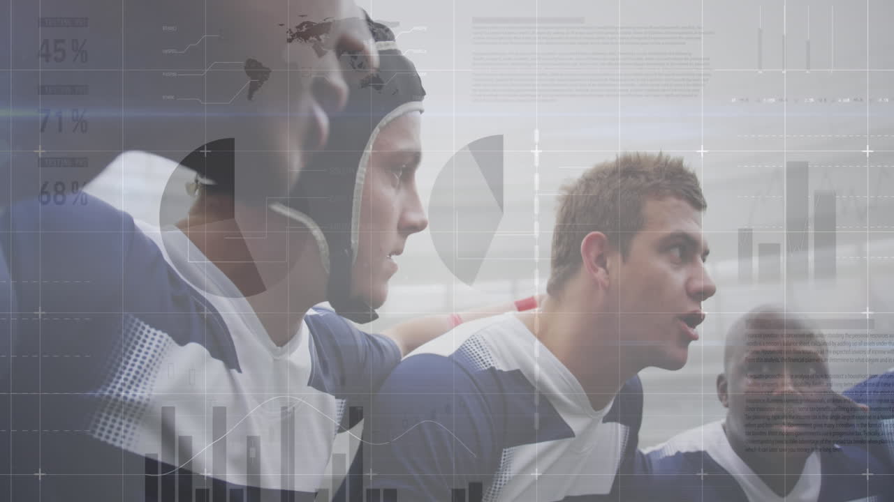 animación de gráficos con datos y estadísticas sobre un equipo de rugby masculino multiétnico de pie en un grupo