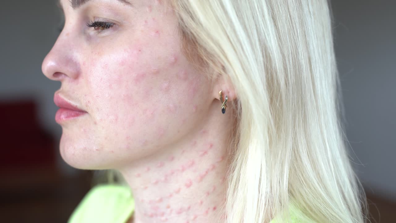 real biorevitalización de la piel en fondo blanco. rastros de inyecciones de biorevitalización en el rostro de la mujer. biorevitalización aguja marcas tratamiento de belleza papulas reales después de la inyección de hialurónico de cerca.