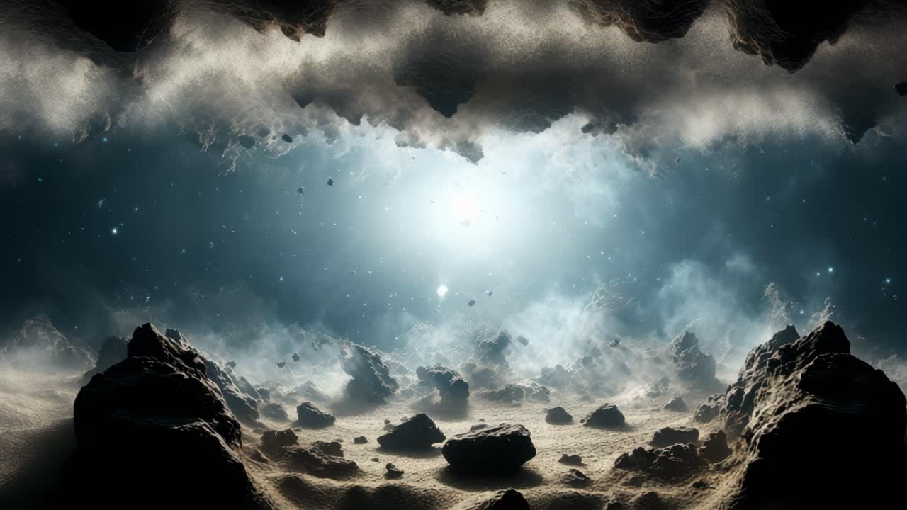 ローアングル視点から捉えられた、広大で幻想的な宇宙の風景が広がる宇宙的なビデオシーン