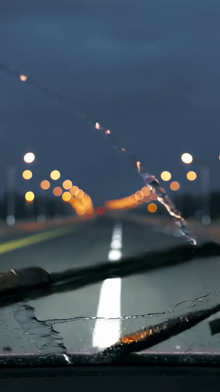 Rain hitting windshield, wipers sweeping glass, clearing center lane marking for driving inside car