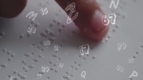 Animation-of-numbers-over-caucasian-schoolgirl-reading-braille