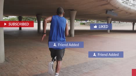 animation of text, icons in notification bars, african american athlete runs wearing prosthetic leg