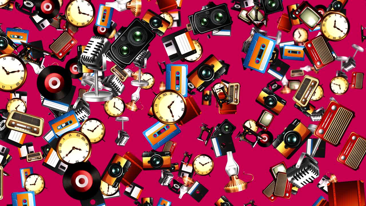 Fotocamere vintage, radio, orologi e cassette cadono continuamente su uno sfondo rosa vivace.