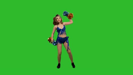 portrait of a happy young cheerleading woman dancing in the studio on a green screen. a girl in a blue swimsuit performs elements with pom-poms, training before the competition. slow motion