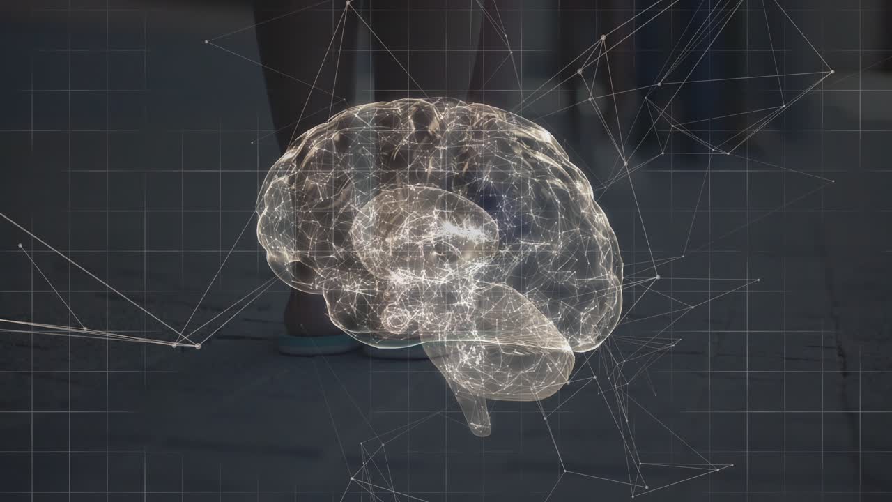 Parent starting presentation, holographic brain rotating, highlighting pulsing nodes for education