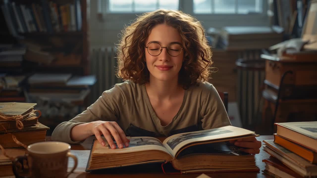 Lernende/r StudentIn, die ein großes, aufgeschlagenes Buch an einem Holzschreibtisch liest, lernt und dann mit Büchern und Becher lächelt