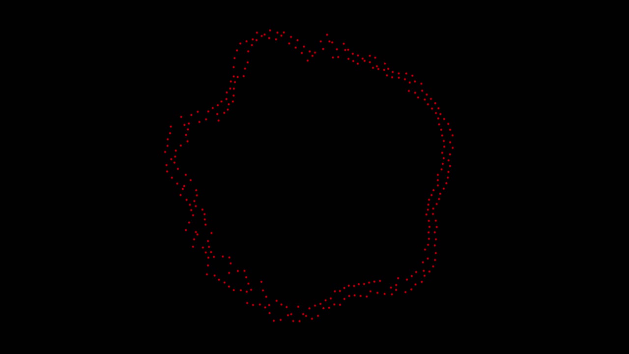 A ring of red particles undulates and shifts organically on black background, abstract motion graphic for music, tech, or science visuals